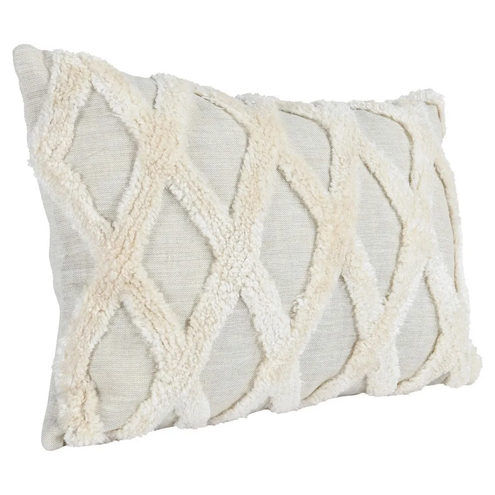 14 x 20 Lumbar Linen Accent Throw Pillow, Tufted Diamond Pattern, Ivory By Casagear Home
