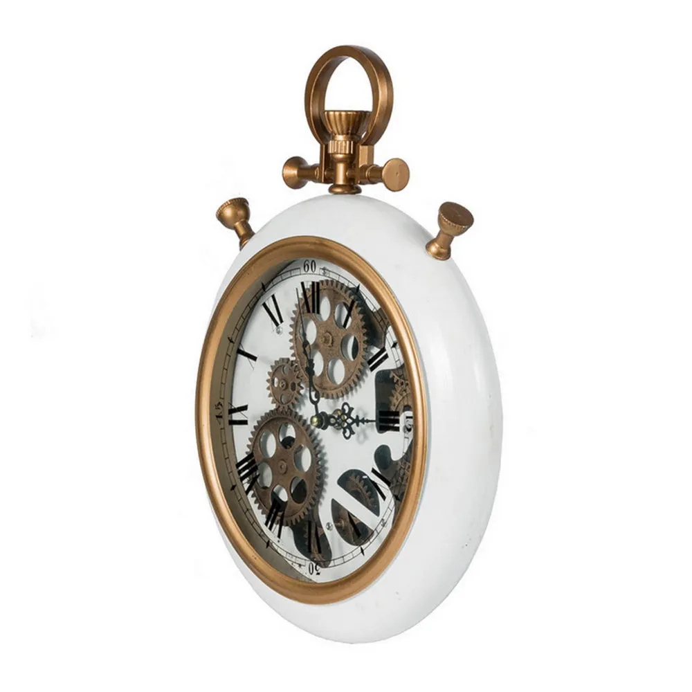 15 Inch Modern Roman Numeral Wall Clock, Iron, Plastic, White, Gold Finish By Casagear Home