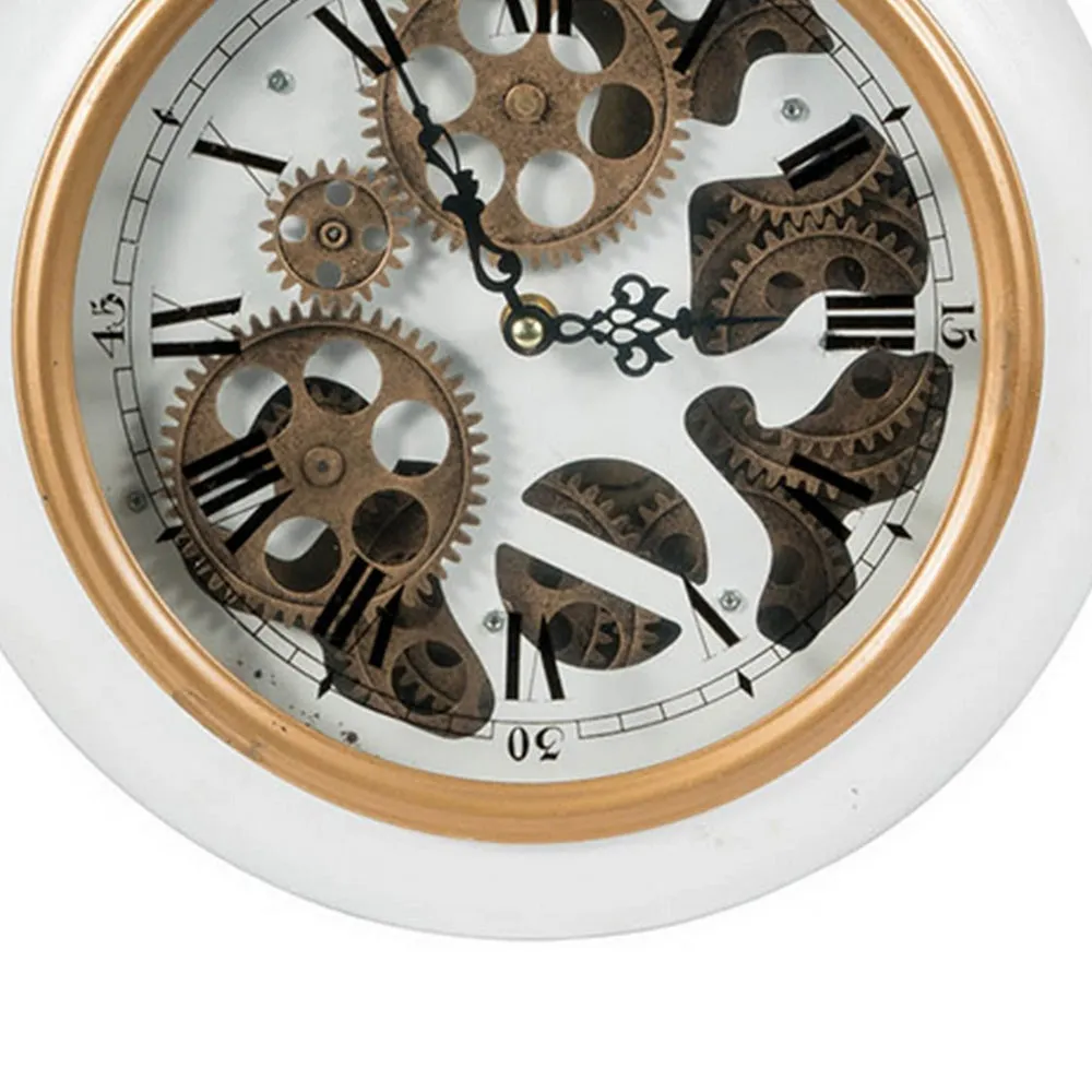 15 Inch Modern Roman Numeral Wall Clock, Iron, Plastic, White, Gold Finish By Casagear Home