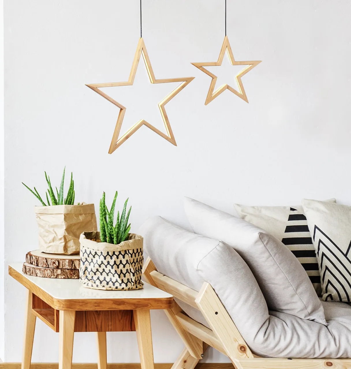 2x Large Bamboo Star LED Hanging Lamps | Natural Home Decor Lighting