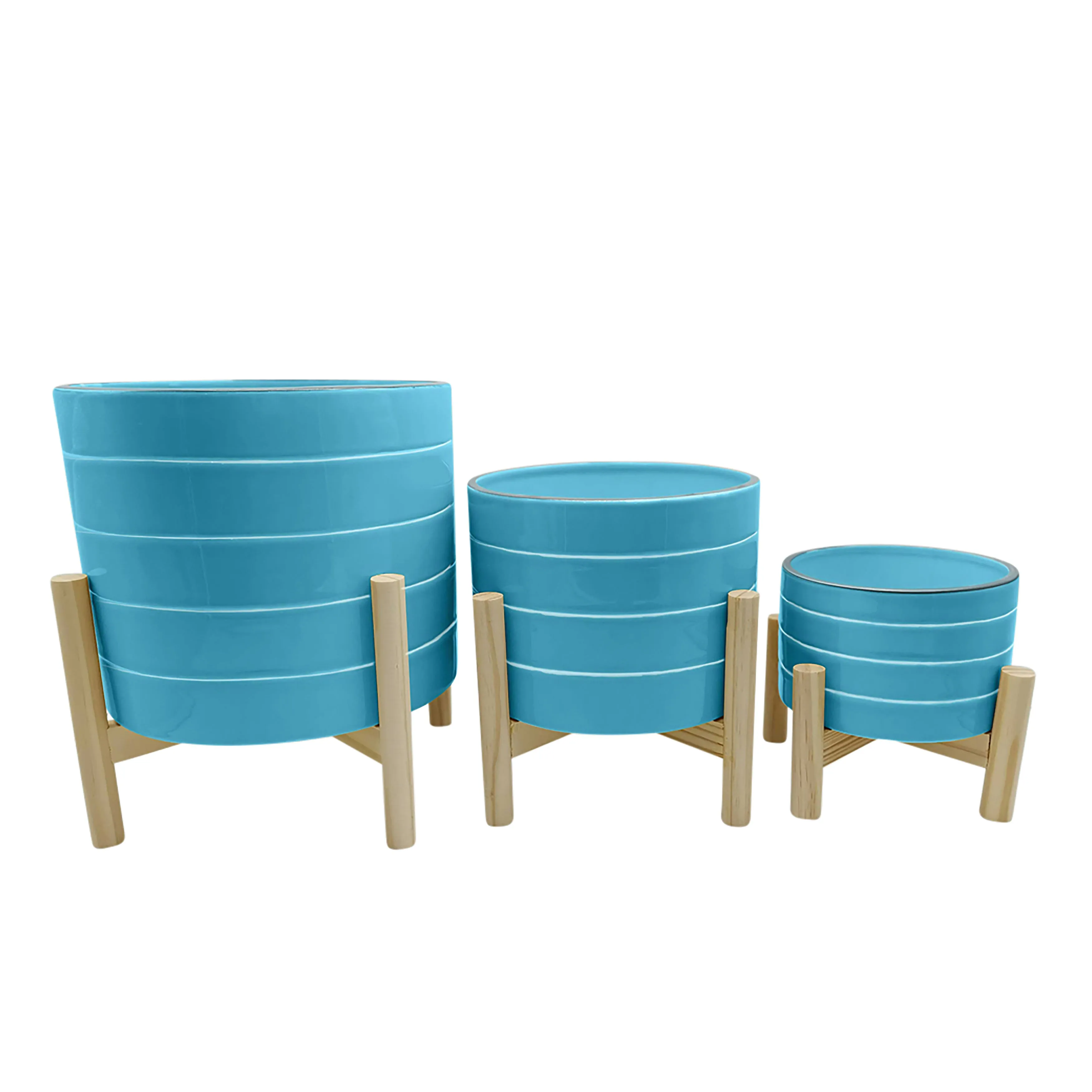 8" Striped Planter W/ Wood Stand, Skyblue
