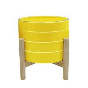 8" Striped Planter W/ Wood Stand, Yellow