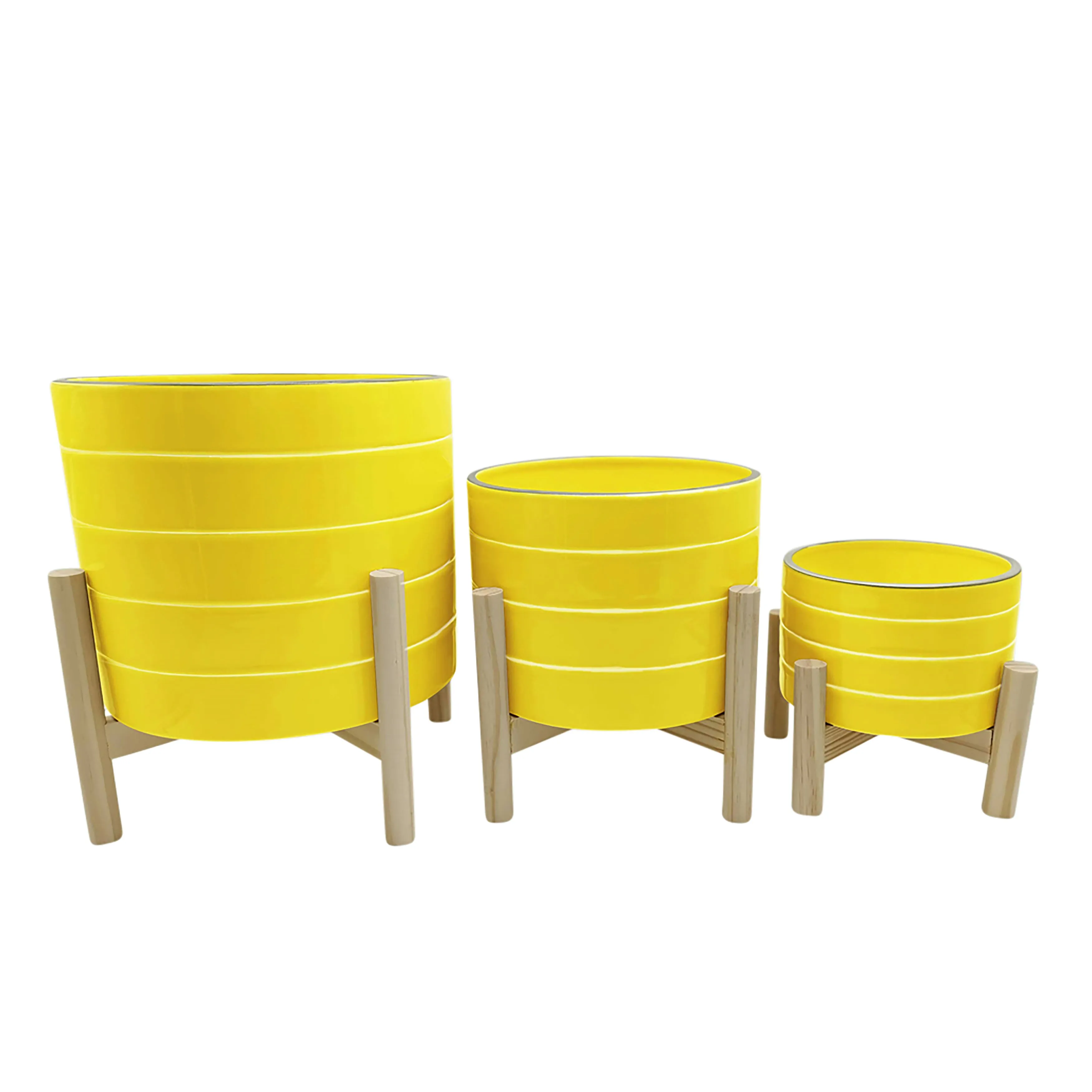 8" Striped Planter W/ Wood Stand, Yellow