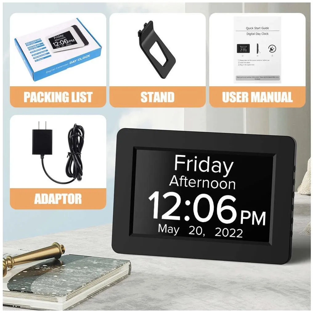 8" TALKING Digital Dementia Orientation Day Clock - BLACK