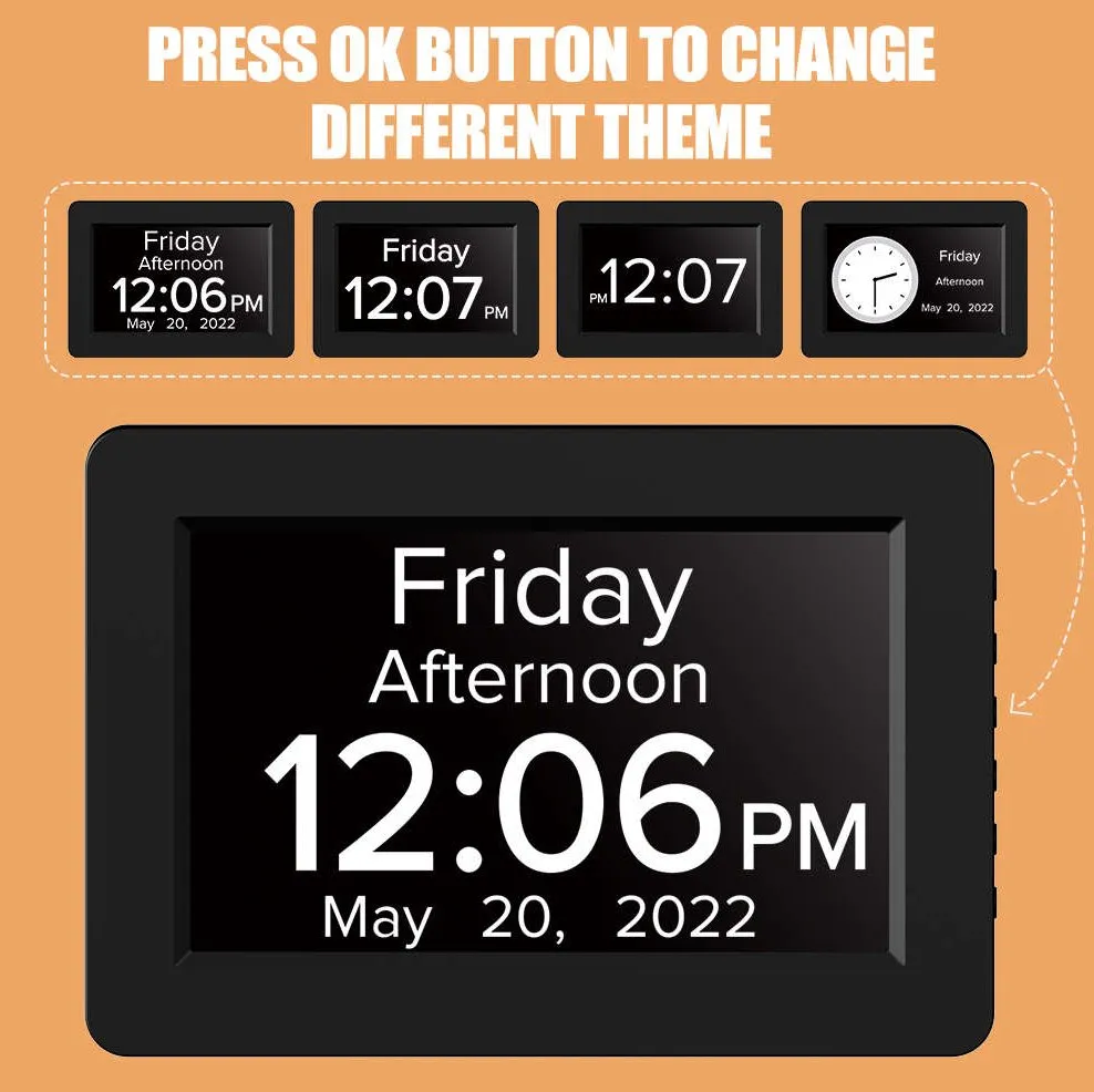 8" TALKING Digital Dementia Orientation Day Clock - BLACK