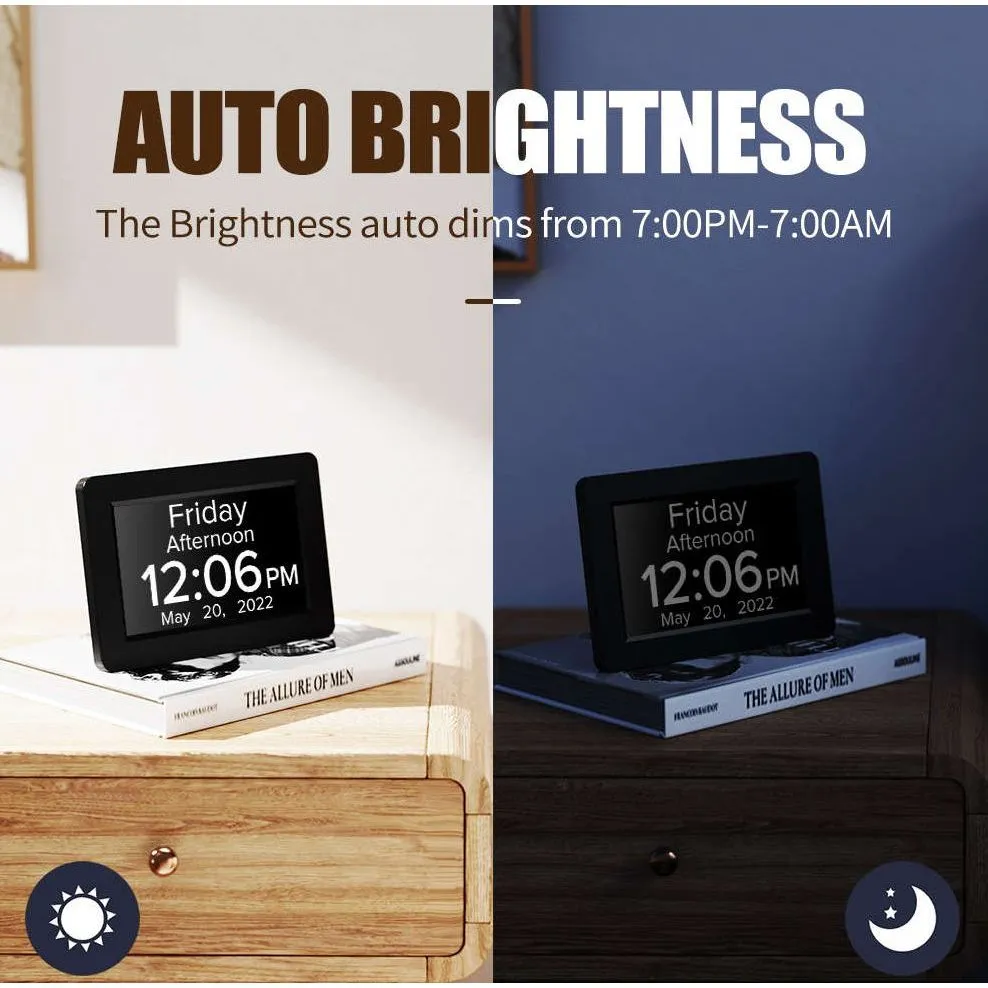 8" TALKING Digital Dementia Orientation Day Clock - BLACK