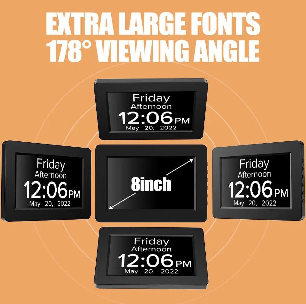 8" TALKING Digital Dementia Orientation Day Clock - BLACK