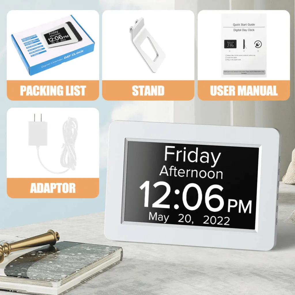 8" TALKING Digital Dementia Orientation Day Clock - White