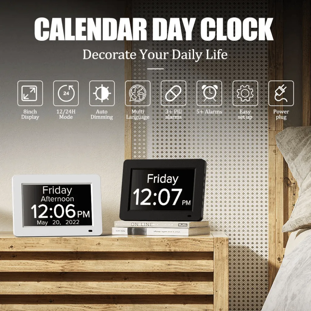 8" TALKING Digital Dementia Orientation Day Clock - White