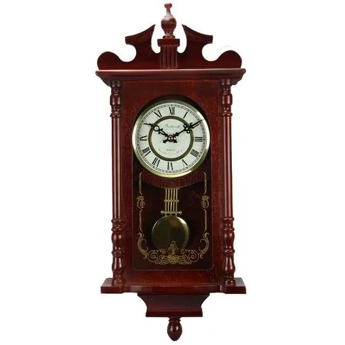 Bedford Collection 25 Inch Wall Clock with Pendulum and Chime in Dark Redwood Oak Finish