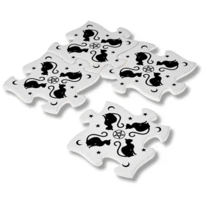 Black & White Cat Ceramic 4 Piece Jigsaw Puzzle Coaster Set Trivet