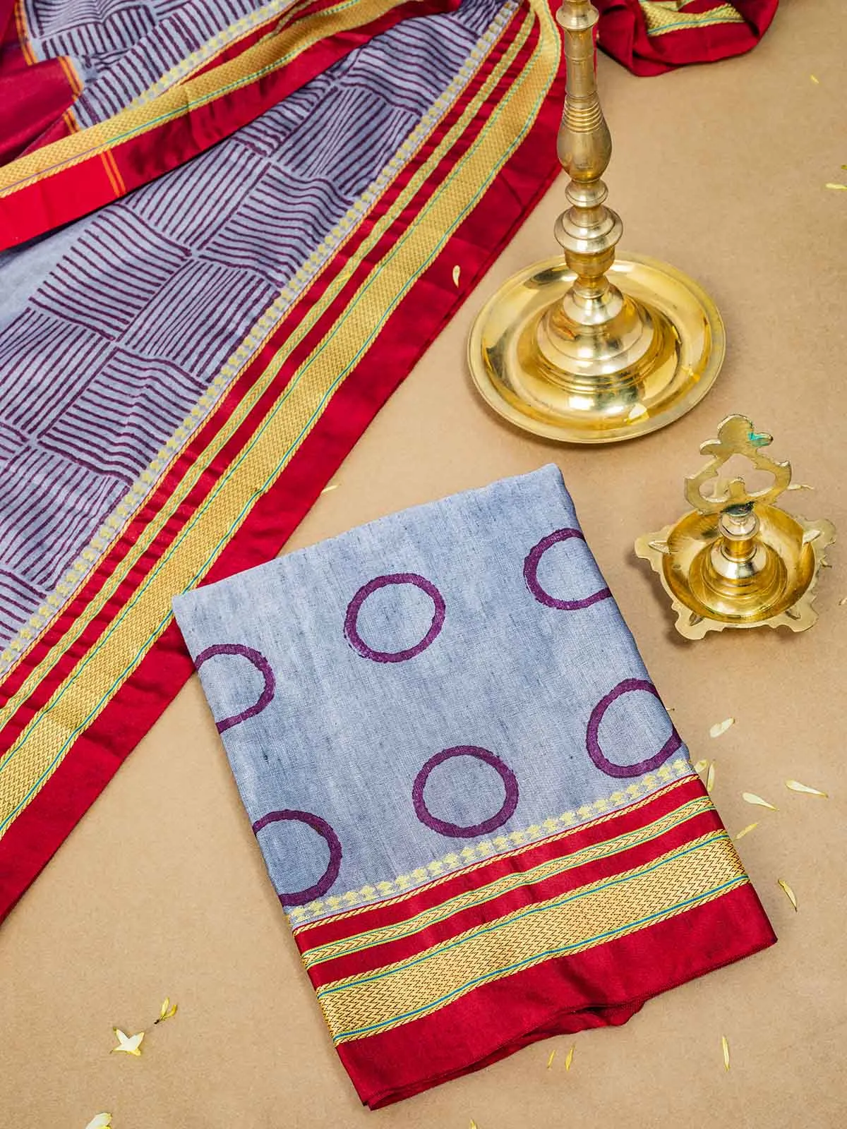 Block Printed Quirky Illkal Grey Saree