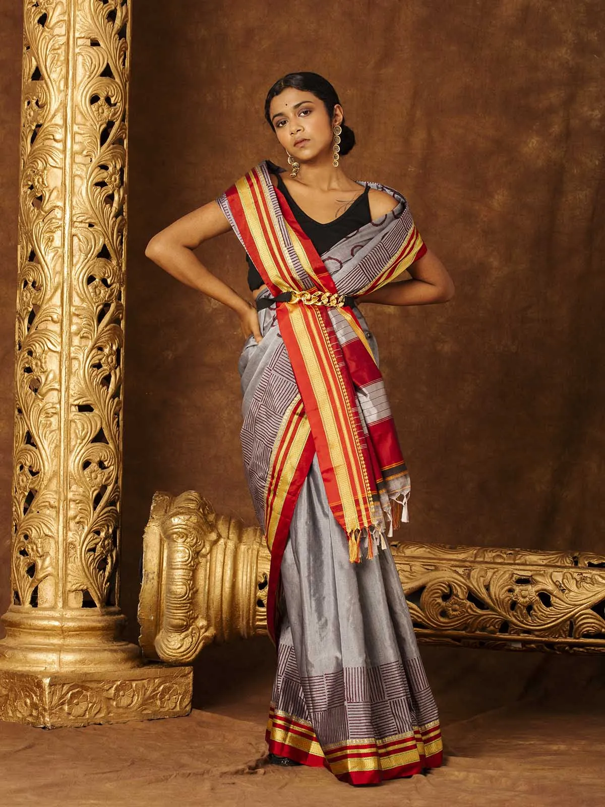 Block Printed Quirky Illkal Grey Saree