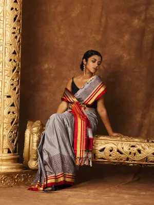 Block Printed Quirky Illkal Grey Saree