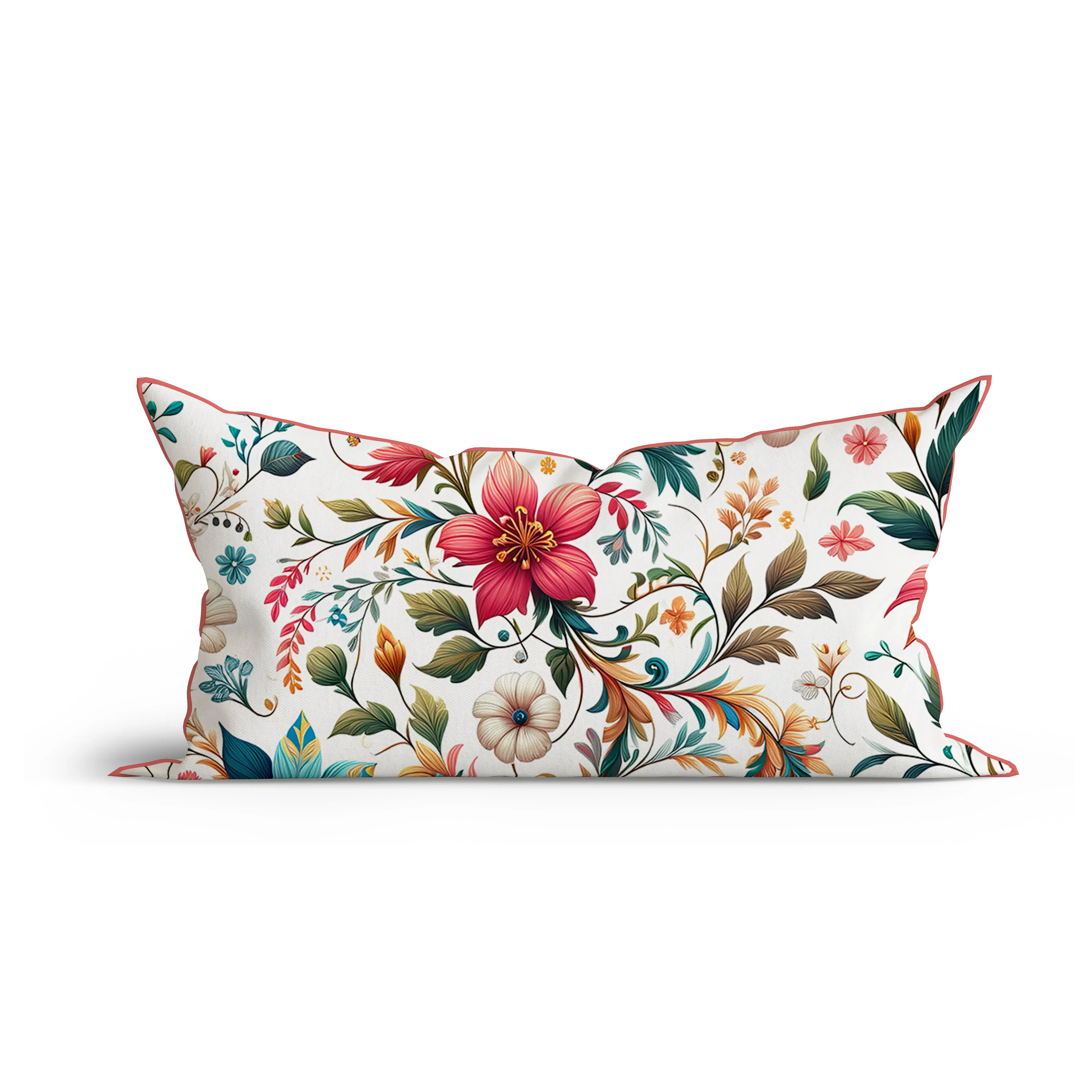 Bohemian Crimson Bloom Elegance Printed Cotton Cushion with Piping