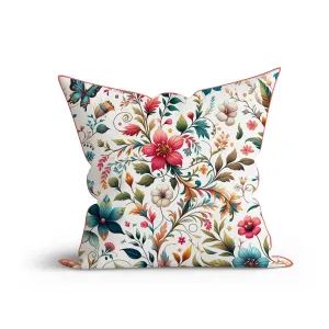 Bohemian Crimson Bloom Elegance Printed Cotton Cushion with Piping
