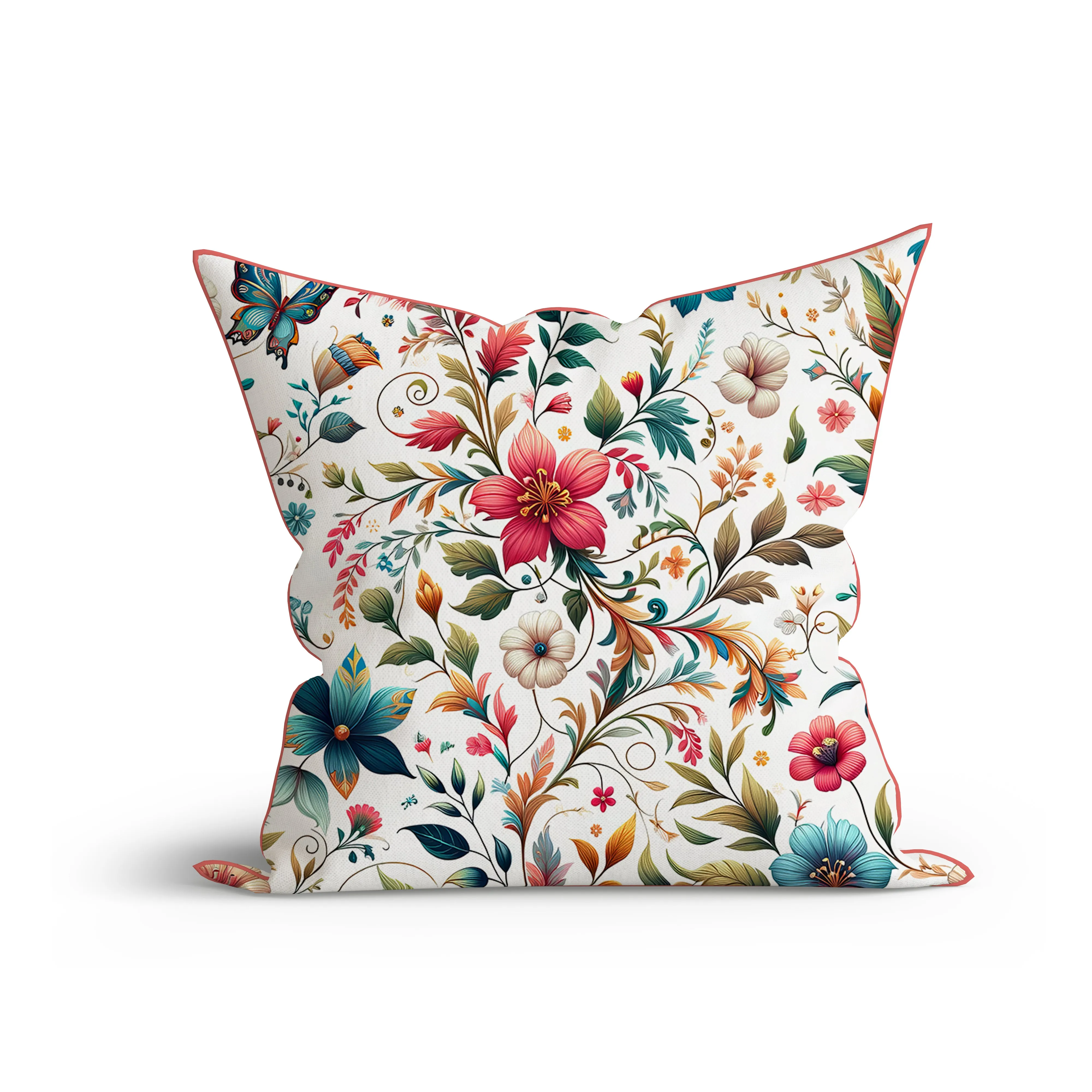 Bohemian Crimson Bloom Elegance Printed Cotton Cushion with Piping