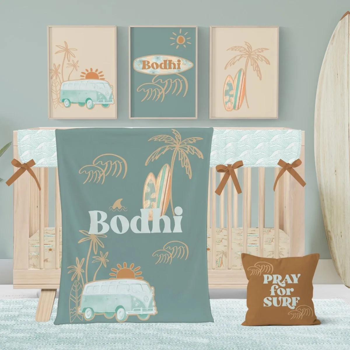 Boho Surfer Pray for Surf Nursery Pillow