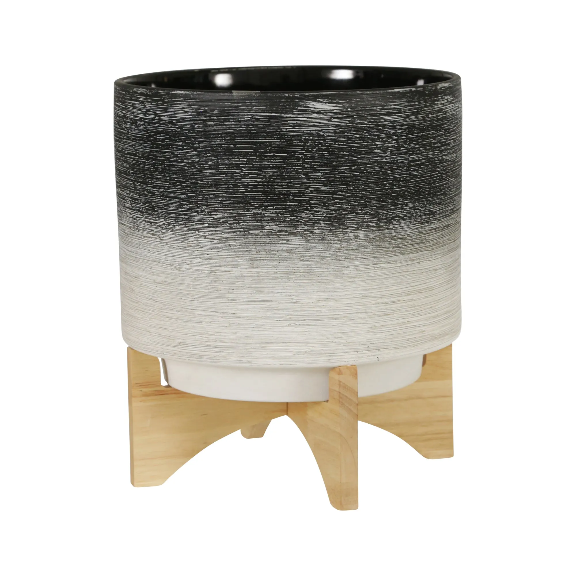 Ceramic 11" Planter On Wooden Stand, Gray