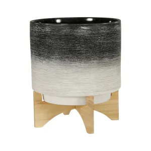 Ceramic 11" Planter On Wooden Stand, Gray