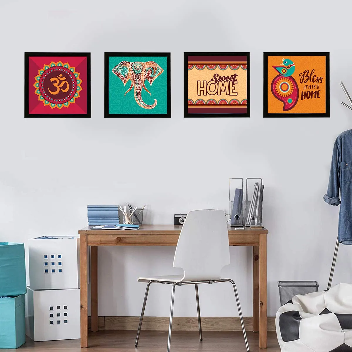Chaka Chaundh Composite Wood Material Motivational Quotes Wall Frames Wall Hanging (23 X 23 X 4 Cm) - Set of 4, Multicolour