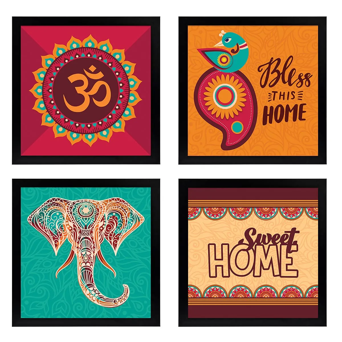 Chaka Chaundh Composite Wood Material Motivational Quotes Wall Frames Wall Hanging (23 X 23 X 4 Cm) - Set of 4, Multicolour