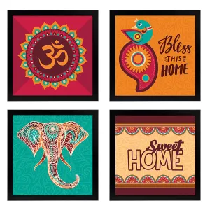 Chaka Chaundh Composite Wood Material Motivational Quotes Wall Frames Wall Hanging (23 X 23 X 4 Cm) - Set of 4, Multicolour