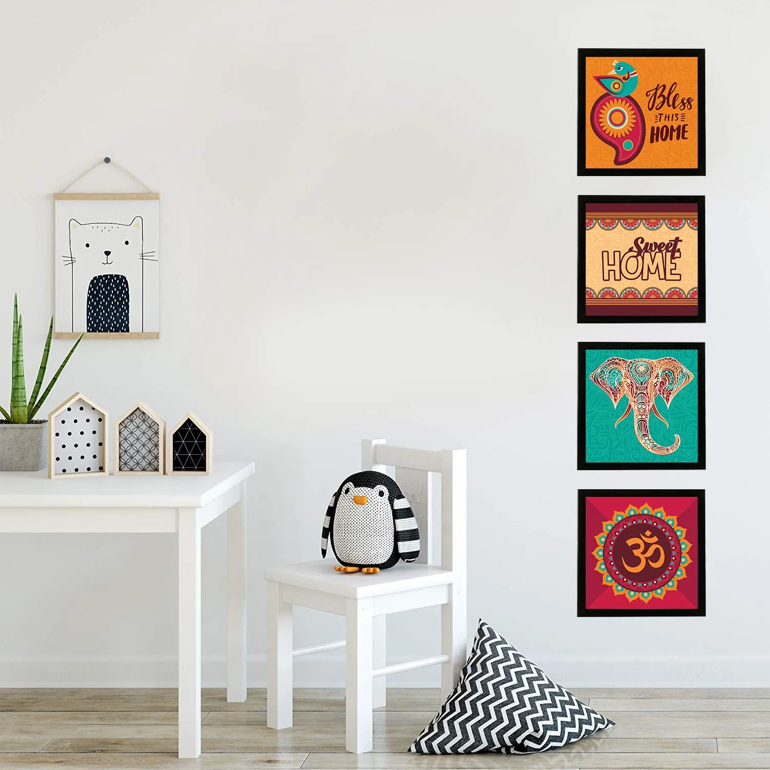 Chaka Chaundh Composite Wood Material Motivational Quotes Wall Frames Wall Hanging (23 X 23 X 4 Cm) - Set of 4, Multicolour