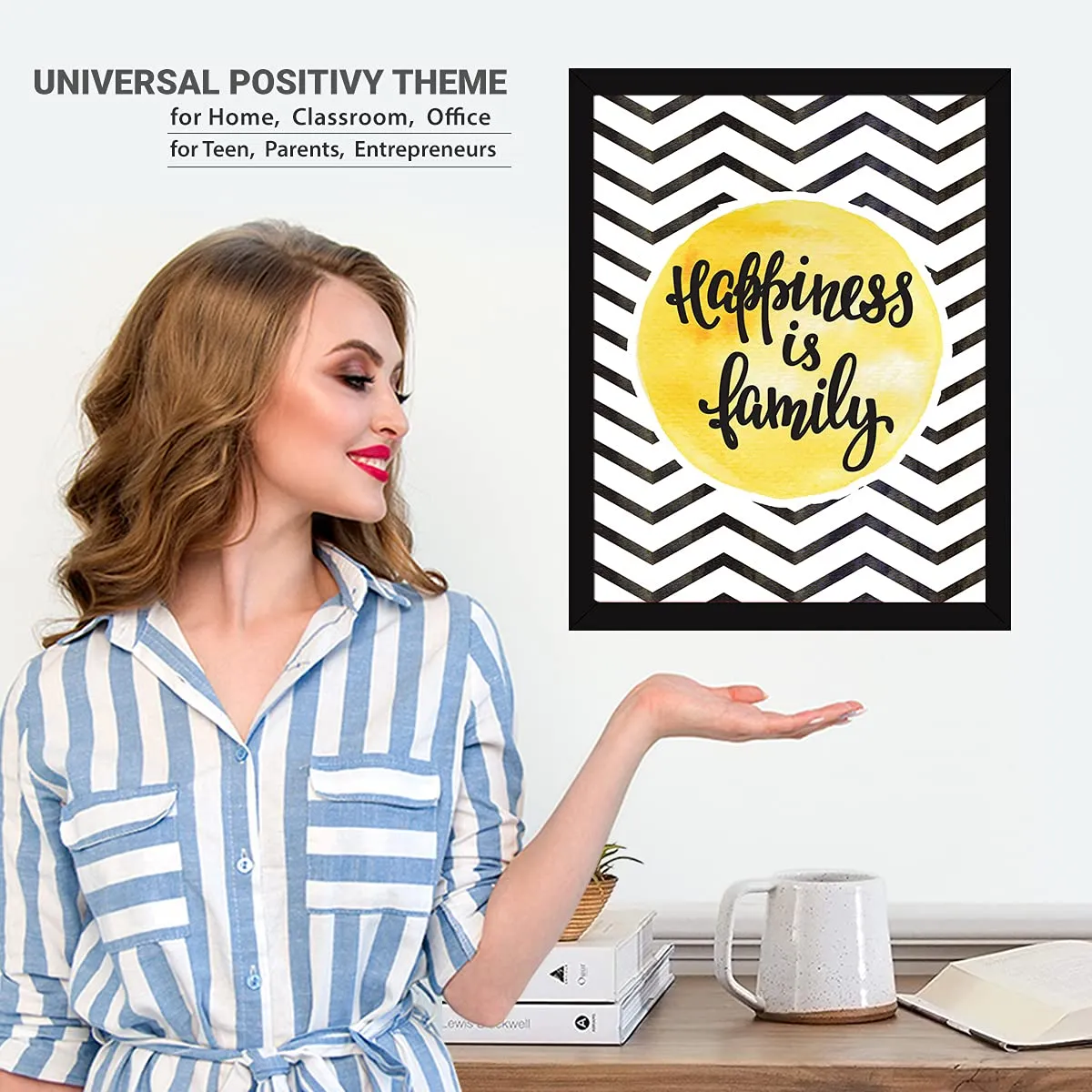 Chaka Chaundh - Family Quote Frame - Family Motivational Quote Frame - Family Quotes Photo Frames for Wall & Bedroom - Home Quotes Wall Frames - (13.6 X 10.6 Inches) (Family is Happiness- Yellow)