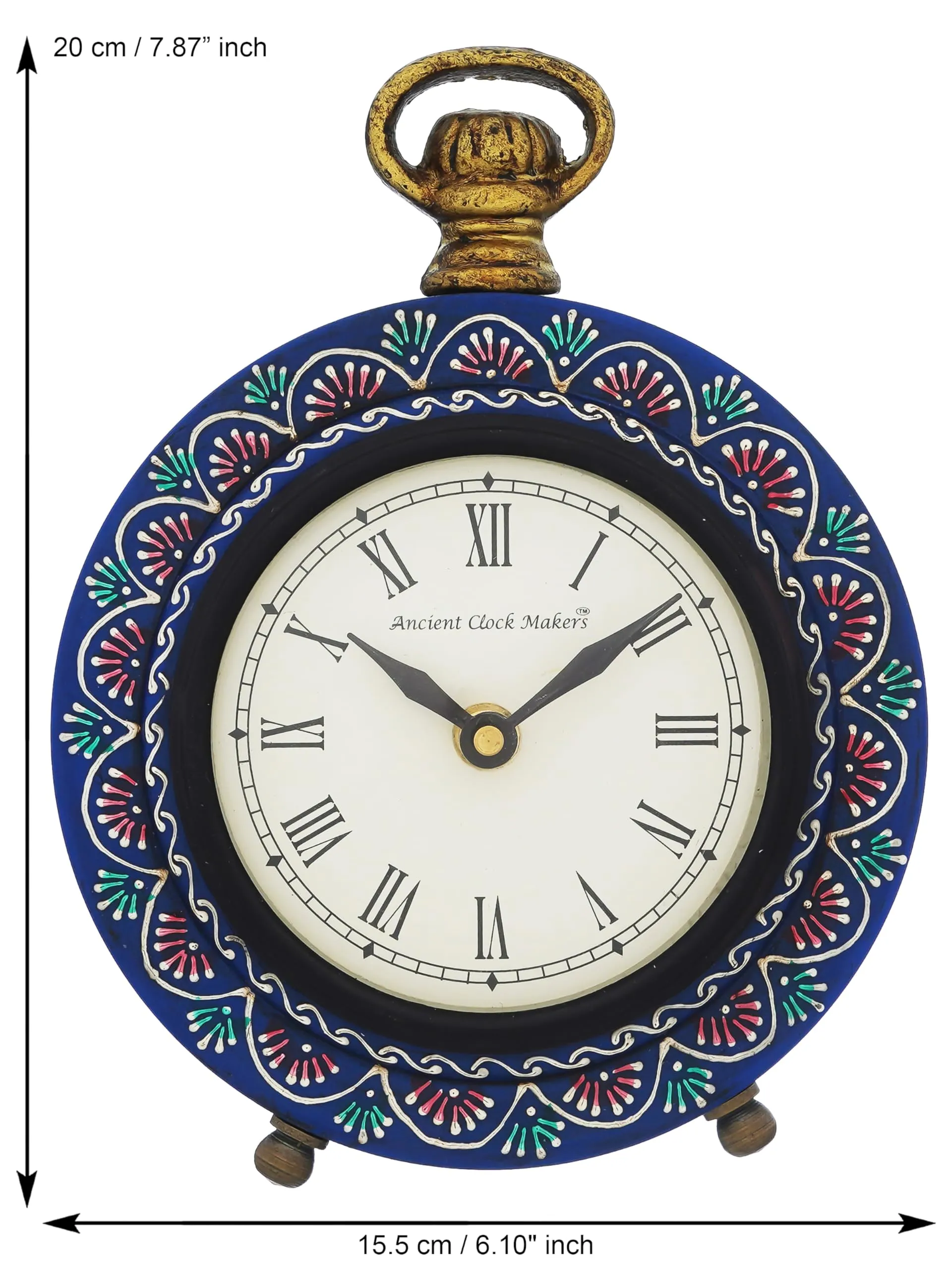 CHRONIKLE Beautiful Hanger Style Round Wooden Case Blue Roman Numbers Table Clock Office Desk Decor Home Study Room Gifts (Size: 15.5 x 5 x 20 CM | Weight: 375 Gram)