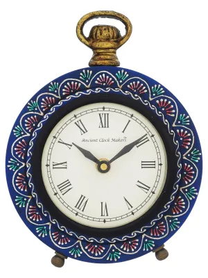 CHRONIKLE Beautiful Hanger Style Round Wooden Case Blue Roman Numbers Table Clock Office Desk Decor Home Study Room Gifts (Size: 15.5 x 5 x 20 CM | Weight: 375 Gram)