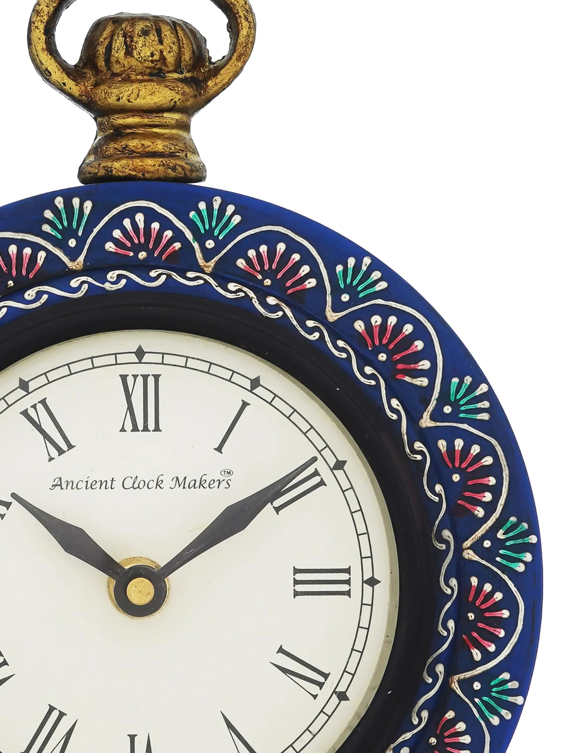 CHRONIKLE Beautiful Hanger Style Round Wooden Case Blue Roman Numbers Table Clock Office Desk Decor Home Study Room Gifts (Size: 15.5 x 5 x 20 CM | Weight: 375 Gram)