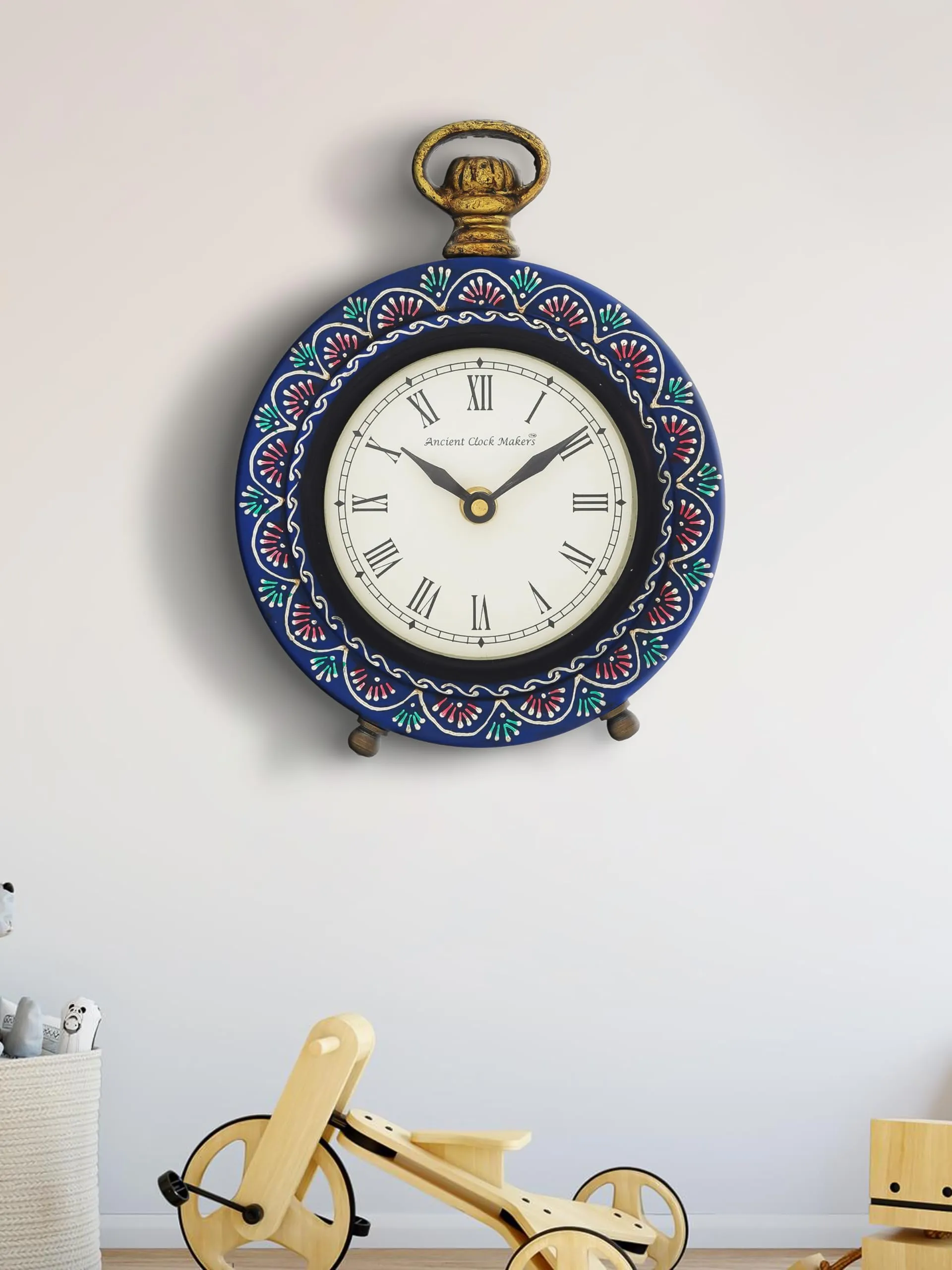 CHRONIKLE Beautiful Hanger Style Round Wooden Case Blue Roman Numbers Table Clock Office Desk Decor Home Study Room Gifts (Size: 15.5 x 5 x 20 CM | Weight: 375 Gram)