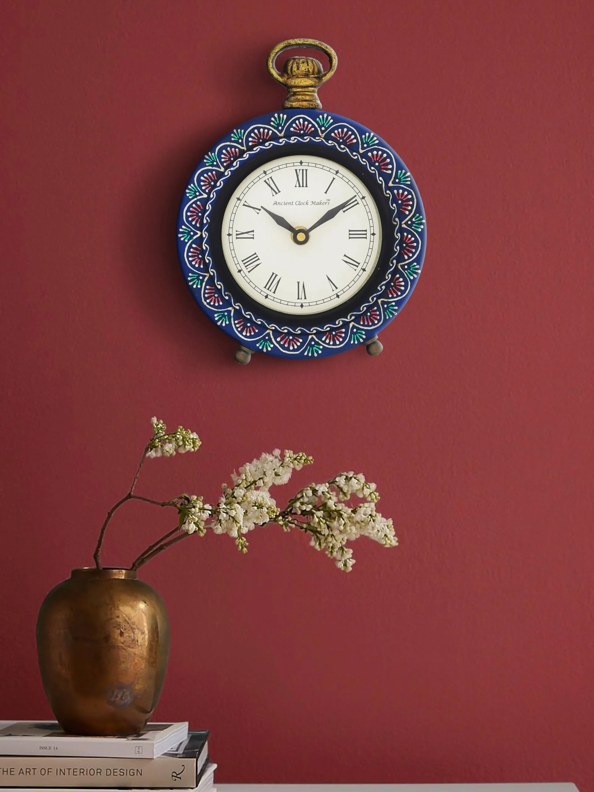 CHRONIKLE Beautiful Hanger Style Round Wooden Case Blue Roman Numbers Table Clock Office Desk Decor Home Study Room Gifts (Size: 15.5 x 5 x 20 CM | Weight: 375 Gram)