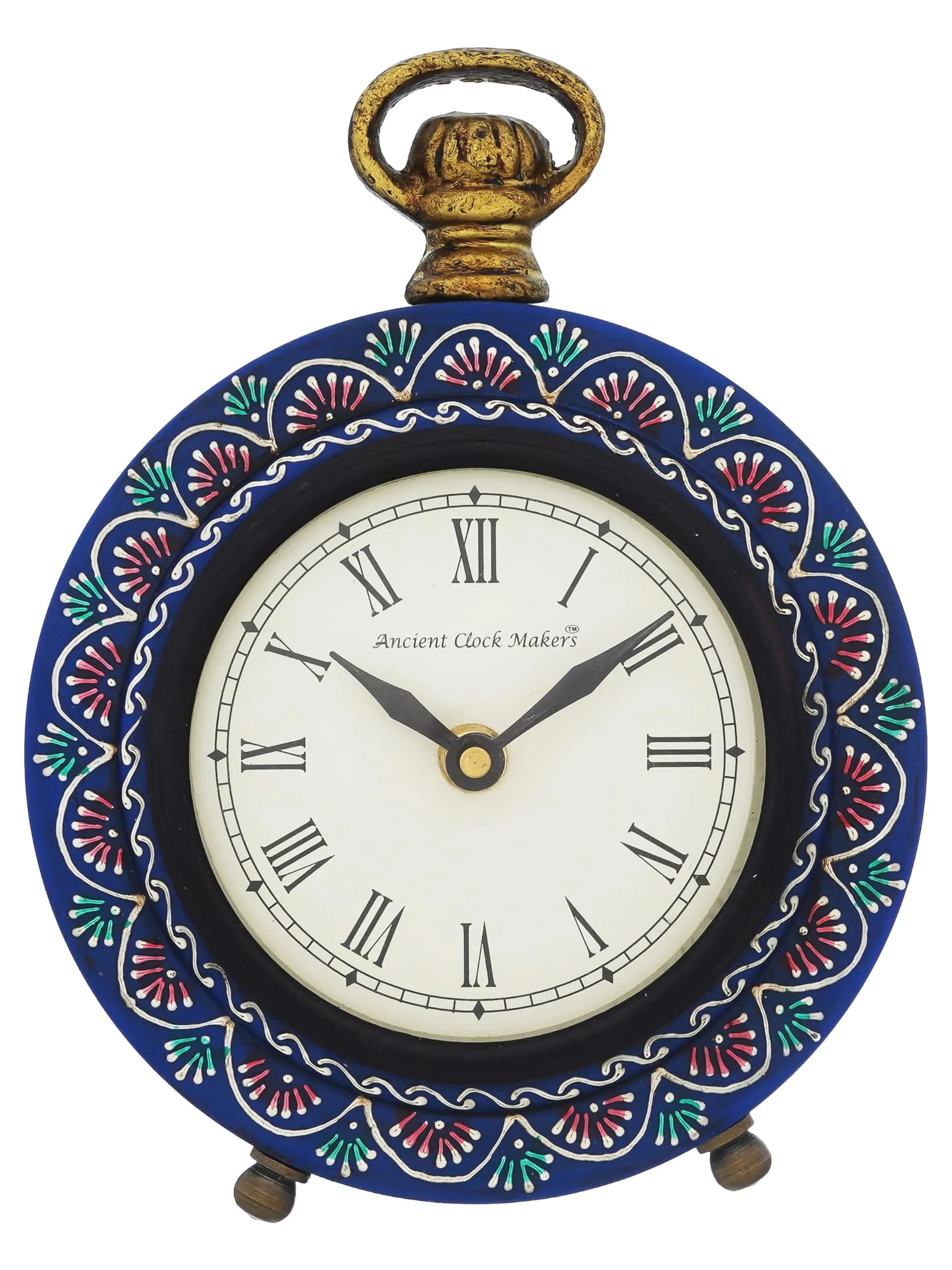CHRONIKLE Beautiful Hanger Style Round Wooden Case Blue Roman Numbers Table Clock Office Desk Decor Home Study Room Gifts (Size: 15.5 x 5 x 20 CM | Weight: 375 Gram)
