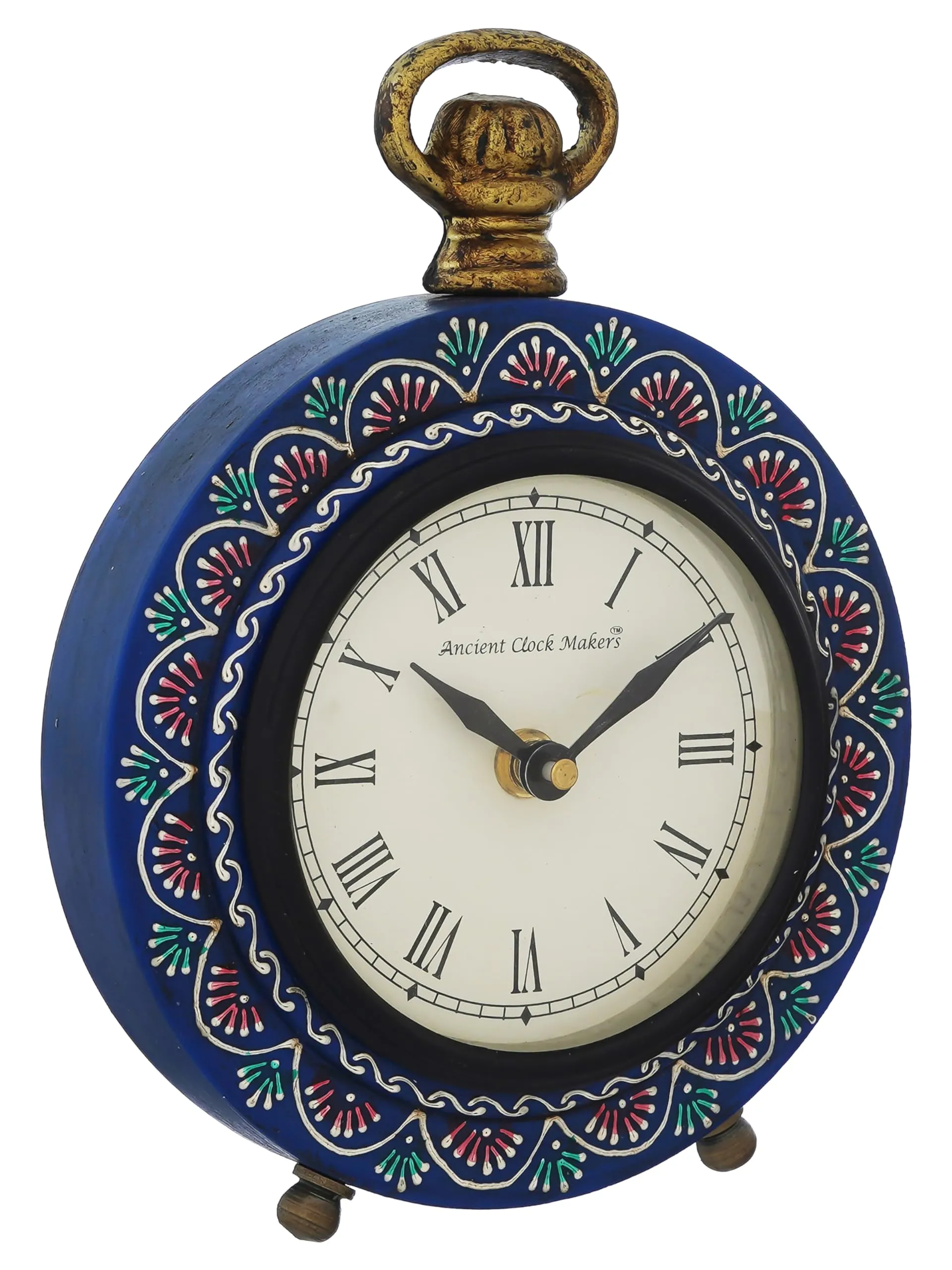 CHRONIKLE Beautiful Hanger Style Round Wooden Case Blue Roman Numbers Table Clock Office Desk Decor Home Study Room Gifts (Size: 15.5 x 5 x 20 CM | Weight: 375 Gram)