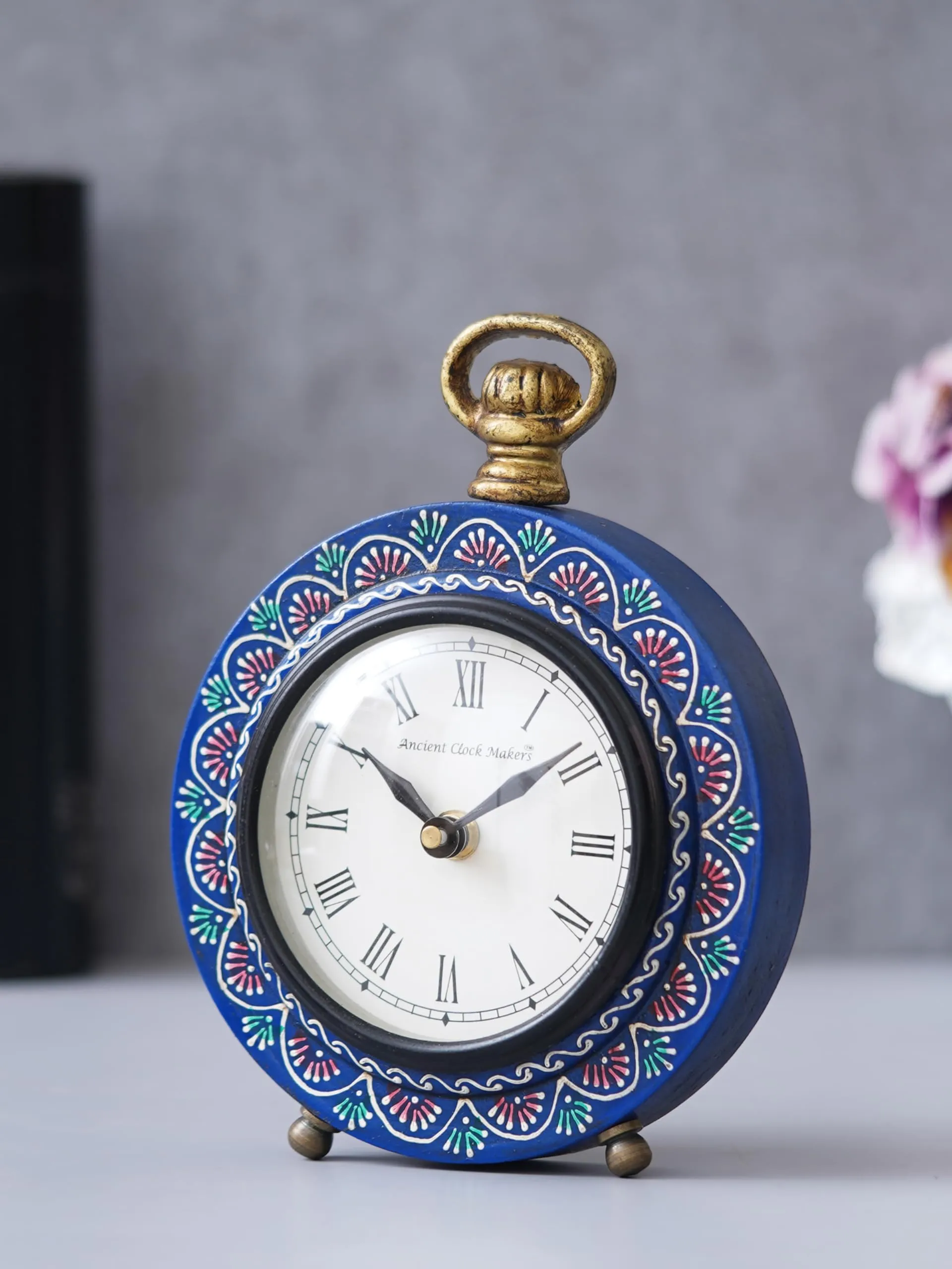 CHRONIKLE Beautiful Hanger Style Round Wooden Case Blue Roman Numbers Table Clock Office Desk Decor Home Study Room Gifts (Size: 15.5 x 5 x 20 CM | Weight: 375 Gram)