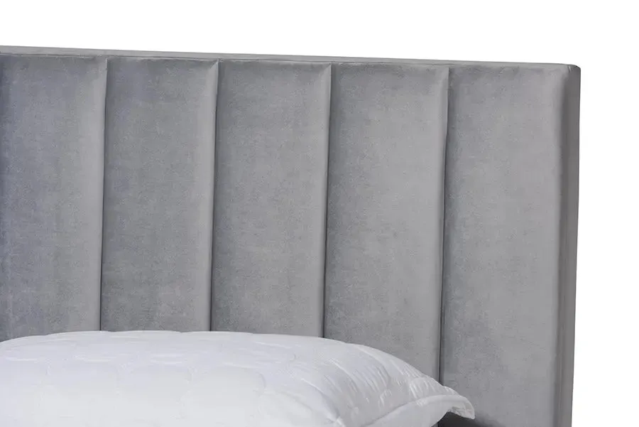 Claudia Gray Velvet Fabric Panel Bed w/Channel Tufted Headboard (Queen)