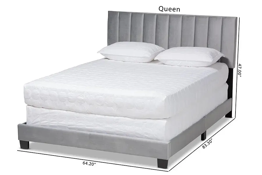 Claudia Gray Velvet Fabric Panel Bed w/Channel Tufted Headboard (Queen)