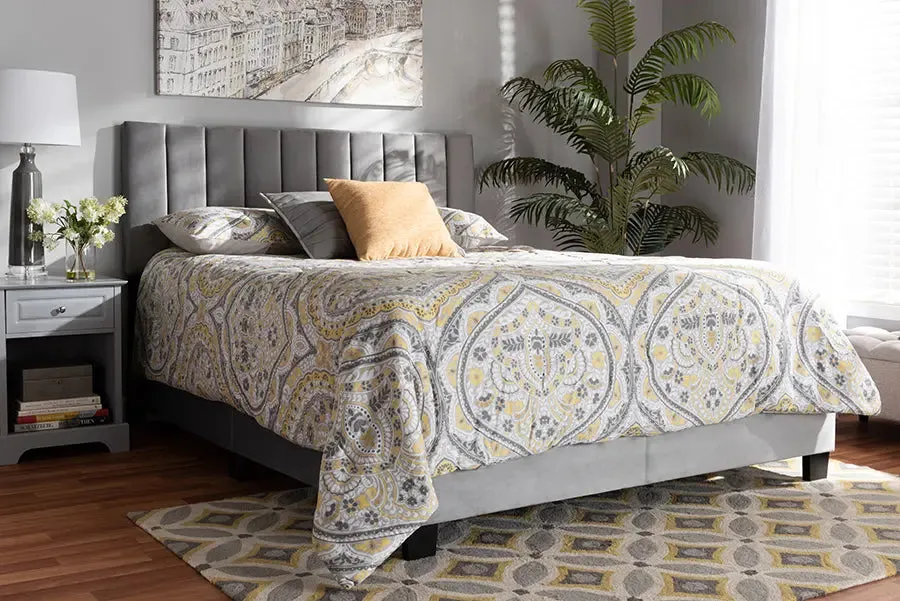 Claudia Gray Velvet Fabric Panel Bed w/Channel Tufted Headboard (Queen)