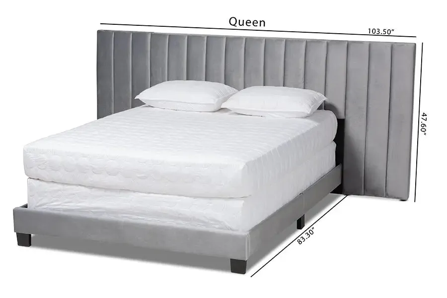 Claudia Gray Velvet Fabric Panel Bed w/Extra Wide Channel Headboard (Queen)