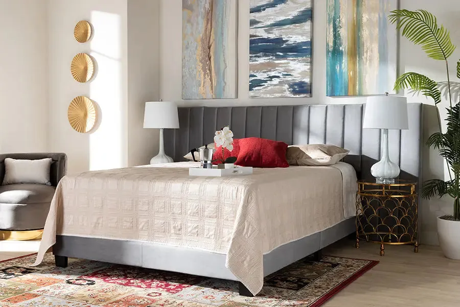 Claudia Gray Velvet Fabric Panel Bed w/Extra Wide Channel Headboard (Queen)