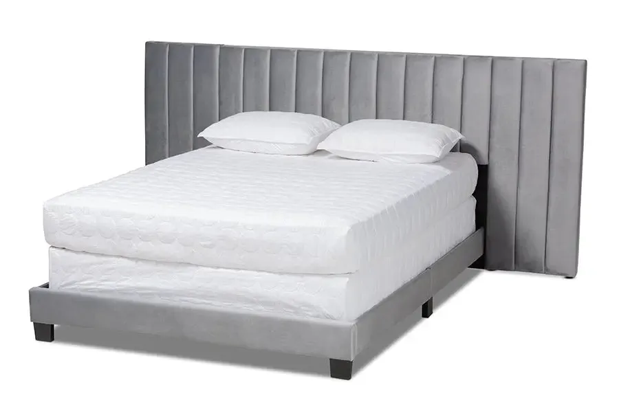 Claudia Gray Velvet Fabric Panel Bed w/Extra Wide Channel Headboard (Queen)