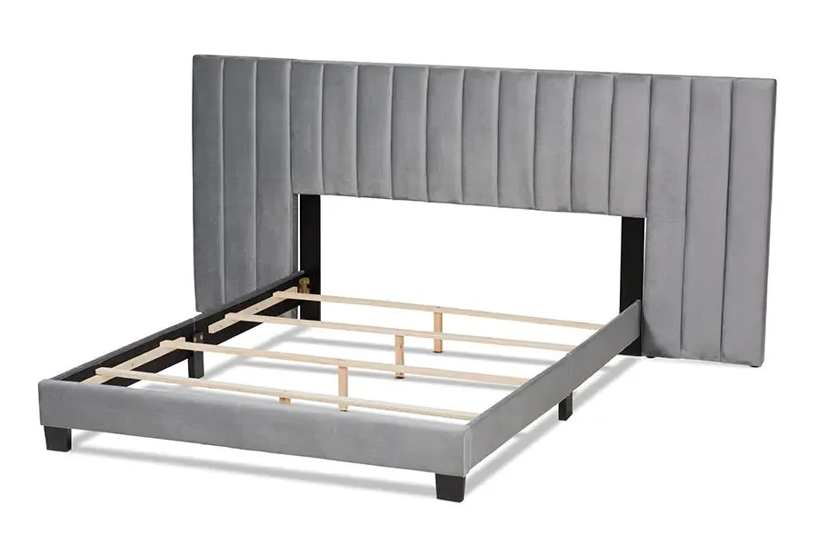 Claudia Gray Velvet Fabric Panel Bed w/Extra Wide Channel Headboard (Queen)