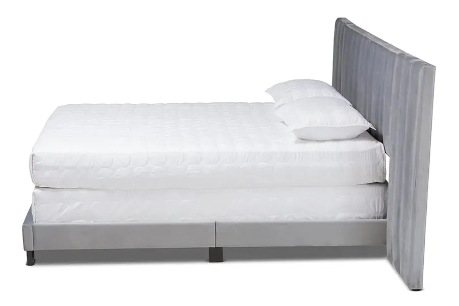 Claudia Gray Velvet Fabric Panel Bed w/Extra Wide Channel Headboard (Queen)