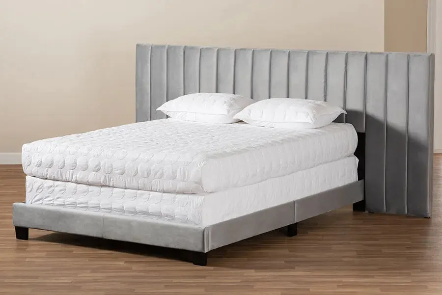 Claudia Gray Velvet Fabric Panel Bed w/Extra Wide Channel Headboard (Queen)