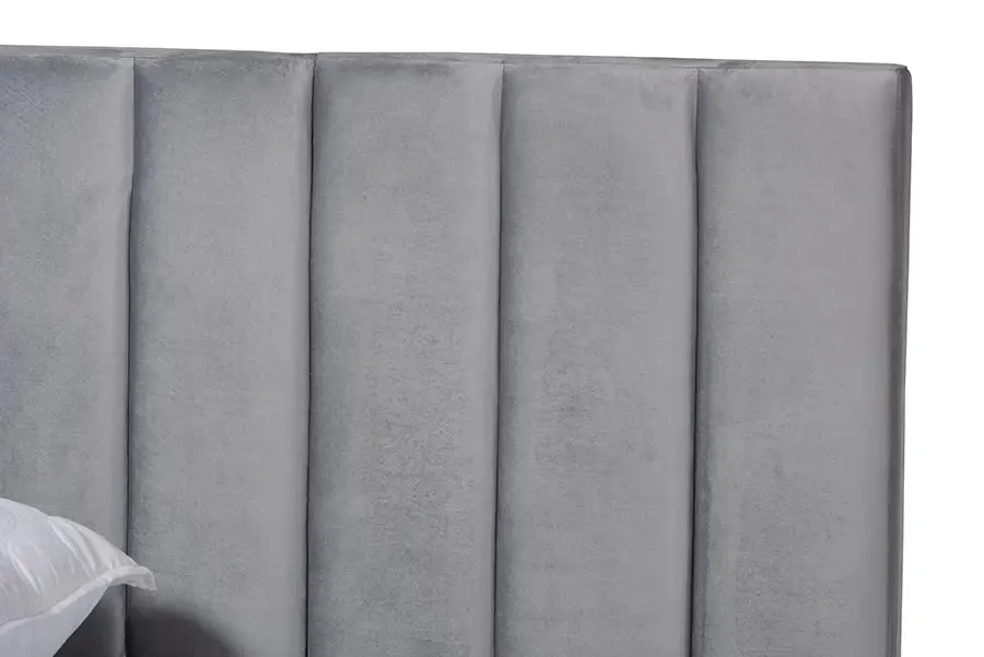 Claudia Gray Velvet Fabric Panel Bed w/Extra Wide Channel Headboard (Queen)