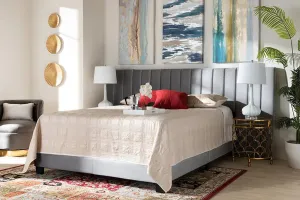 Claudia Gray Velvet Fabric Panel Bed w/Extra Wide Channel Headboard (Queen)