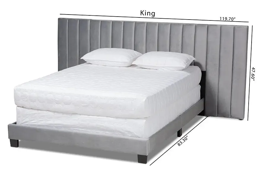 Claudia Gray Velvet Fabric Panel Bed w/Extra Wide Channel Headboard (Queen)