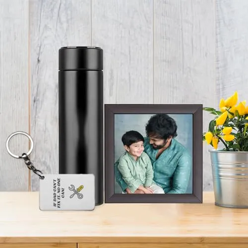 CONFETTI GIFTS Father's Day Gift for Dad | Pack of 3 Items- Personalised Black Frame(5x5 Inch), Temperature Bottle 450ml, Best Dad Acrylic Keychain (6.5 x 5cm) | Gift for Man